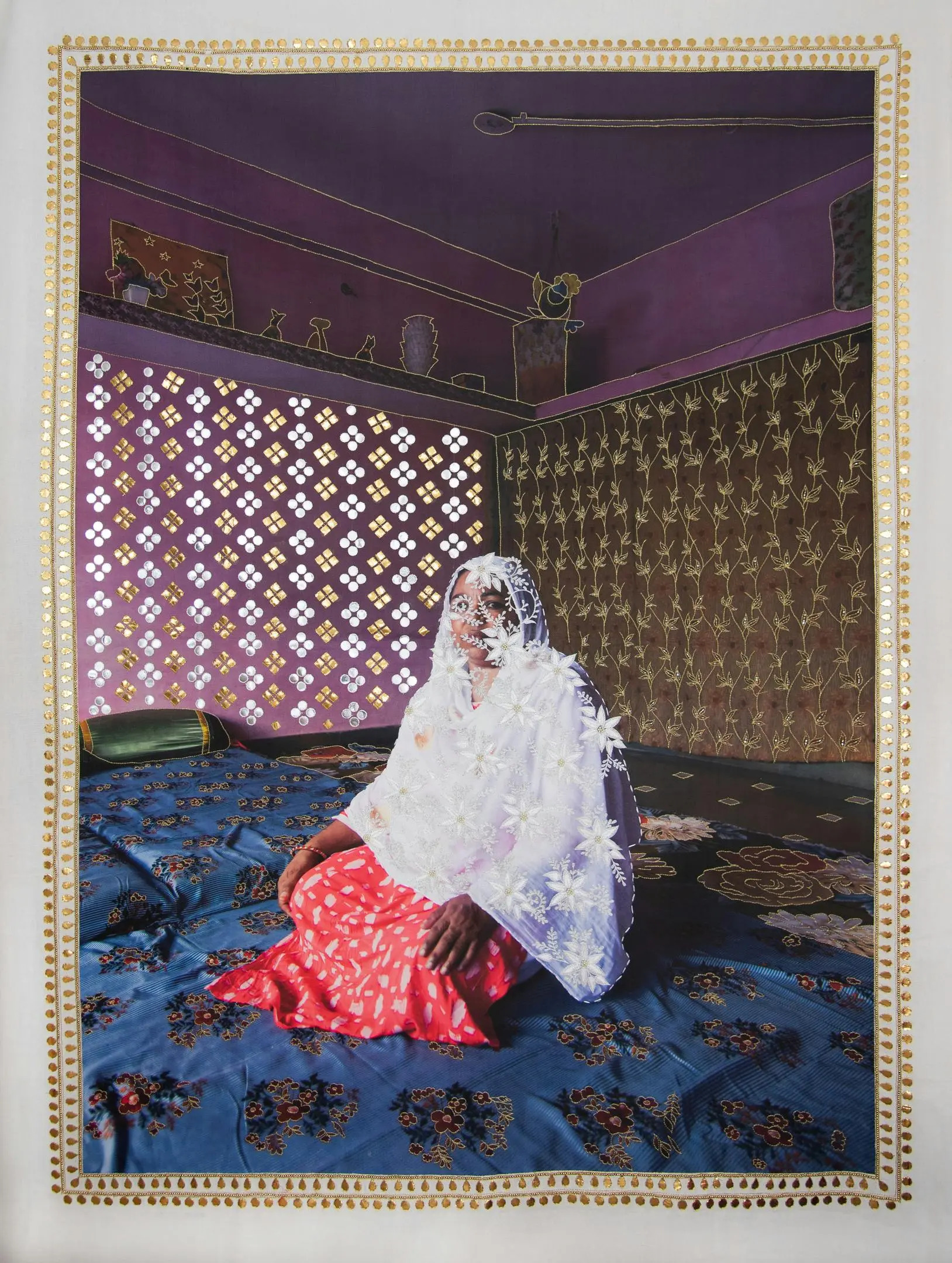 Spandita Malik (Indian, born 1995), Noshad Bee, 2023. Photographic transfer print on khadi fabric, zardozi embroidery, Unique 64 1/2 × 47 1/2 inches, Courtesy of Spandita Malik Art and photo C Spandita Malik.