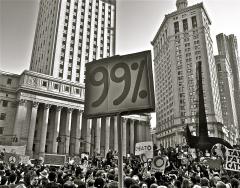 A large protest group outside.