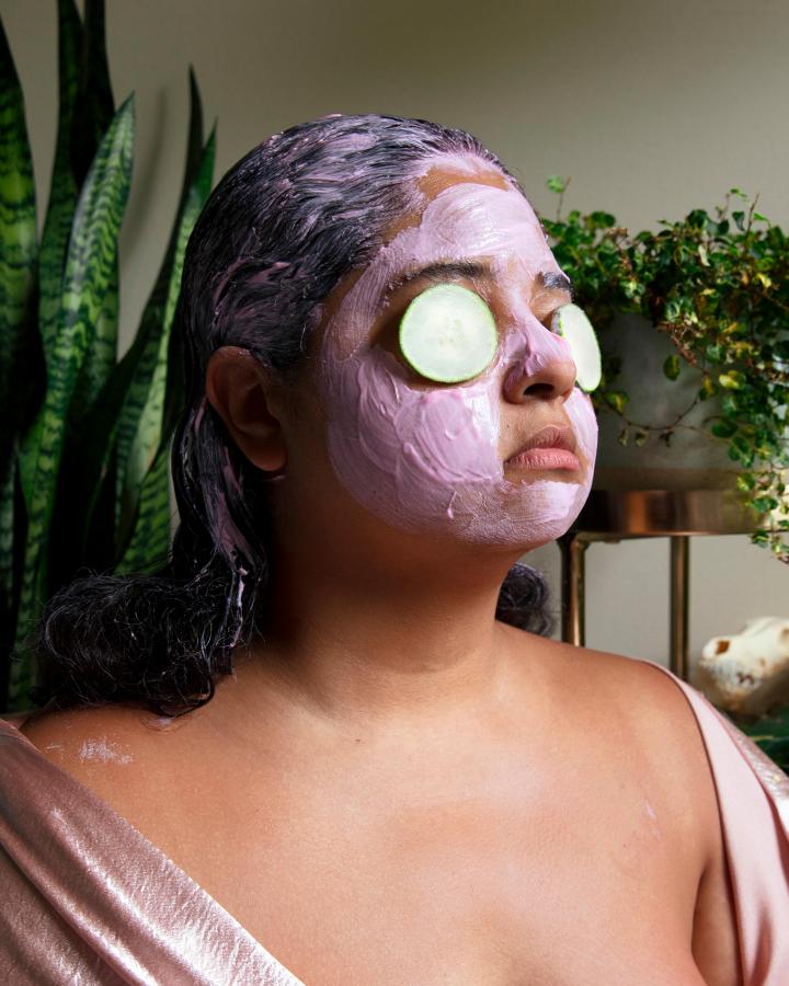 A woman with a face mask.
