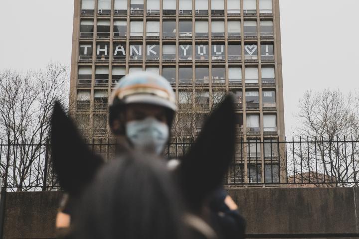 An out of focus police officer with a mask astride a horse, with the camera focusing on the background, an office building where a row of windows spell out "Thank You" alongside a heart with the help of poster boards. 